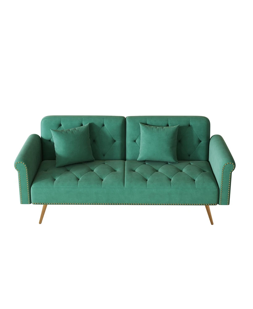 Simplie Fun 69.7" Green Velvet Nail Head Sofa Bed With Throw Pillow