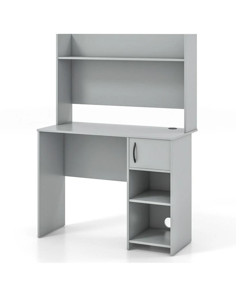 Slickblue Home Office Desk with Raised Display Shelf and 2 Open Shelves-Gray