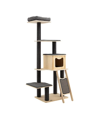 Slickblue 5-Tier Modern Wood Cat Tower with Washable Cushions-Gray