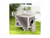 Slickblue Outdoor Wooden Feral Cat House with Balcony and Slide-Gray