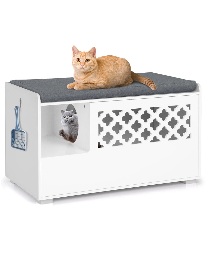 Slickblue Cat Litter Box Enclosure with Removable Cushion and Front Open Door-White