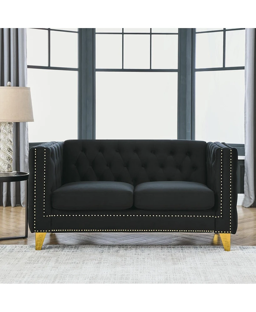 Simplie Fun Black Velvet Tufted Sofa with Metal Legs