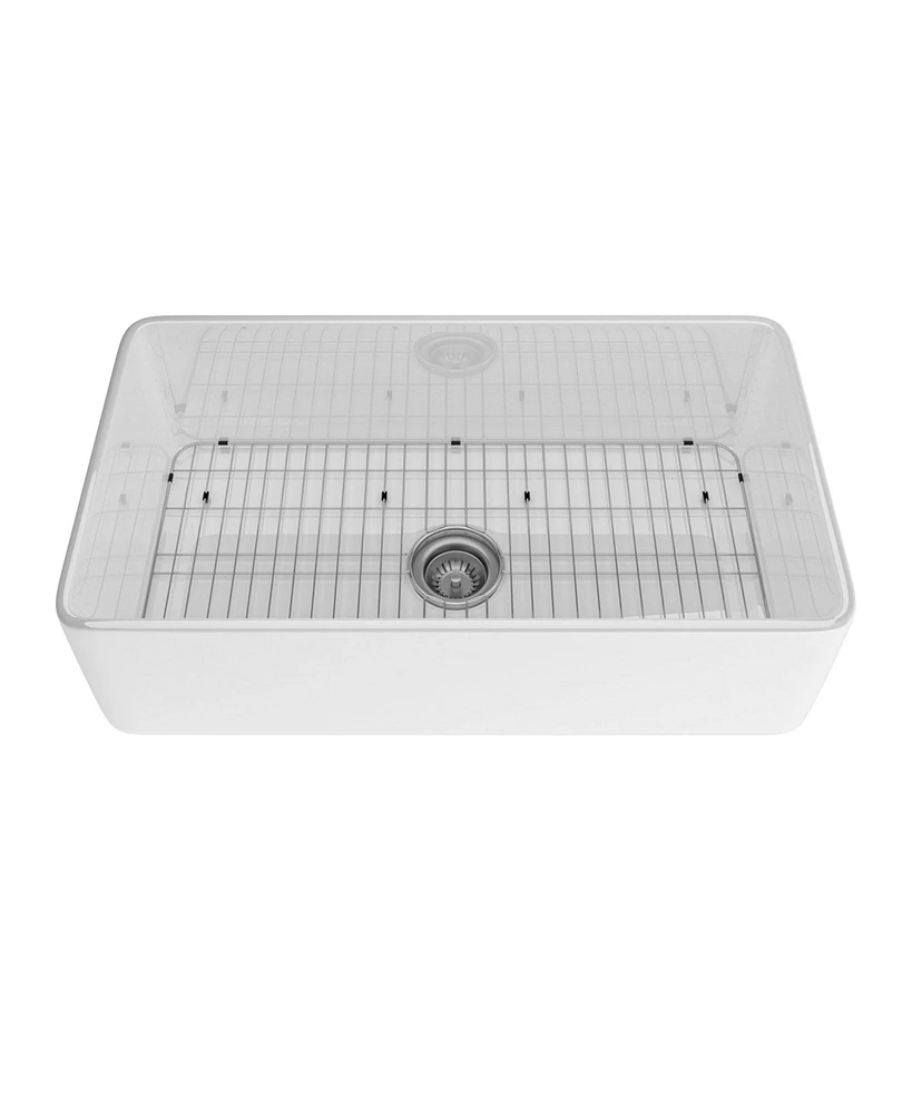 Mondawe Farmhouse 33 in. single bowl fireclay kitchen sink comes with stainless steel bottom grid and strainer