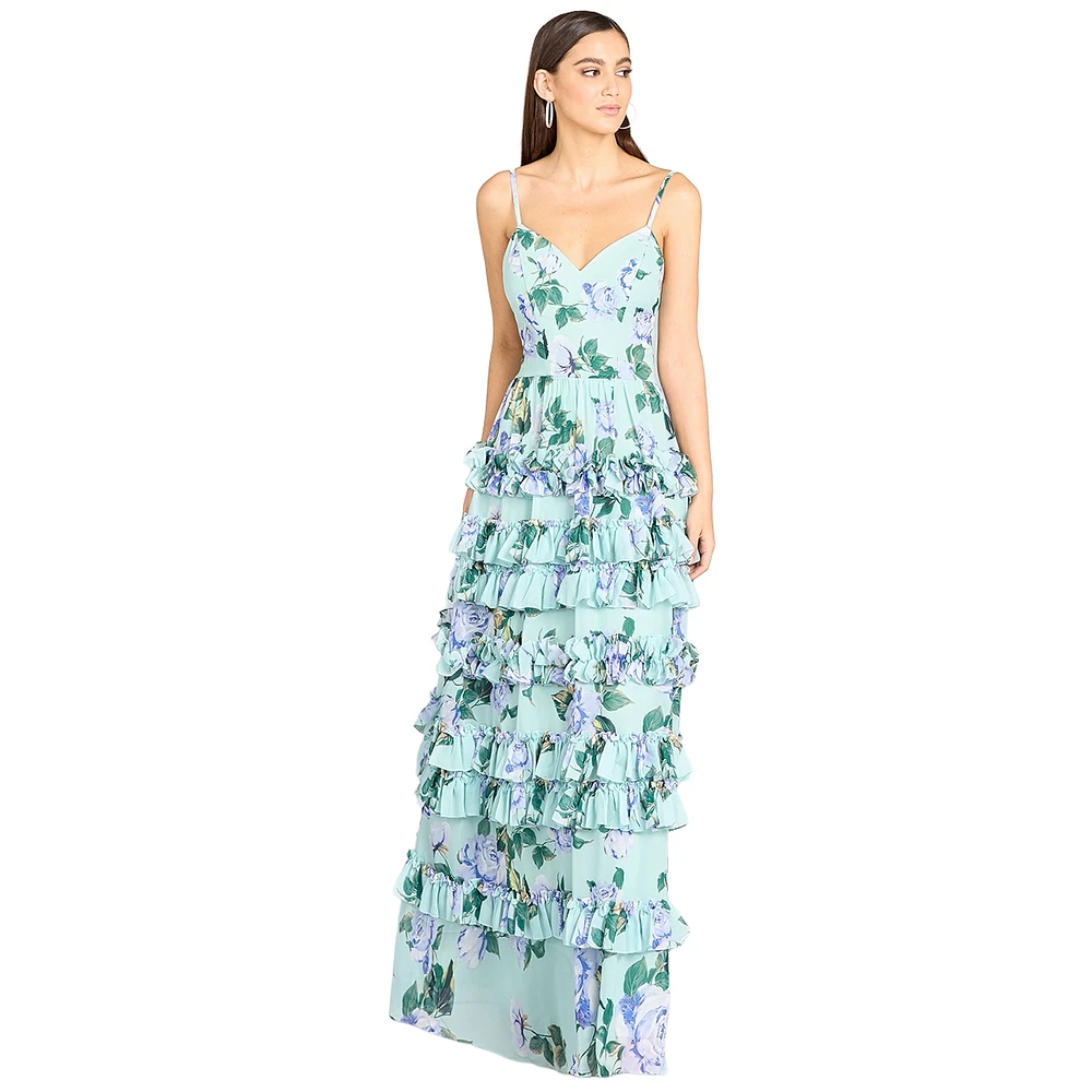 Lara Women's Ruffle Skirt Printed Gown with Spaghetti Straps