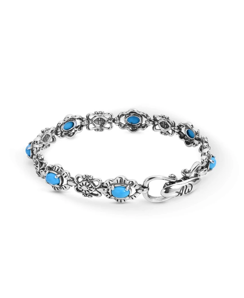 American West Jewelry Sterling Silver Women's Link Bracelet Oval Blue Turquoise Gemstone Small - Large