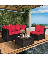 Sugift 4 Pcs Ottoman Garden Deck Patio Rattan Wicker Furniture Set Cushioned Sofa