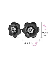 Bling Jewelry 2 In 1 Removable Jackets Simple Danity Pave Cz Stud Center with Petal Flower Jacket Rose Stud Earrings For Women Black Plated Sterling S