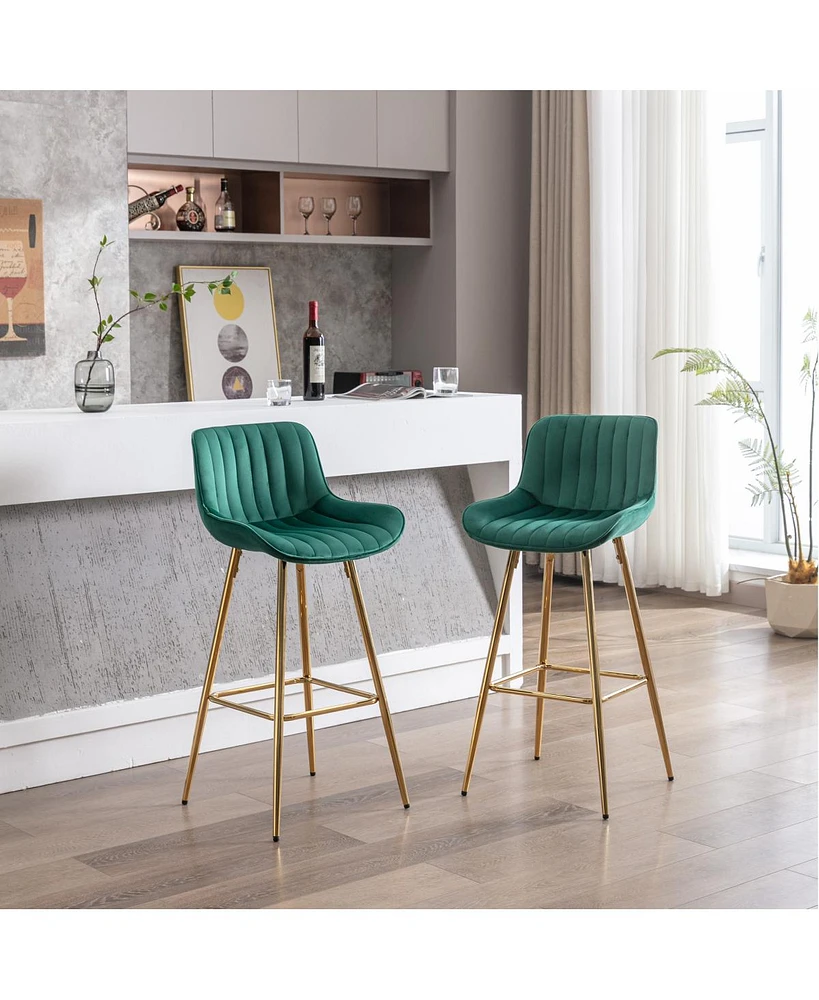 Simplie Fun 30 Inch Set Of 2 Bar Stools, With Chrome Footrest Velvet Fabric Counter Stool Golden Leg