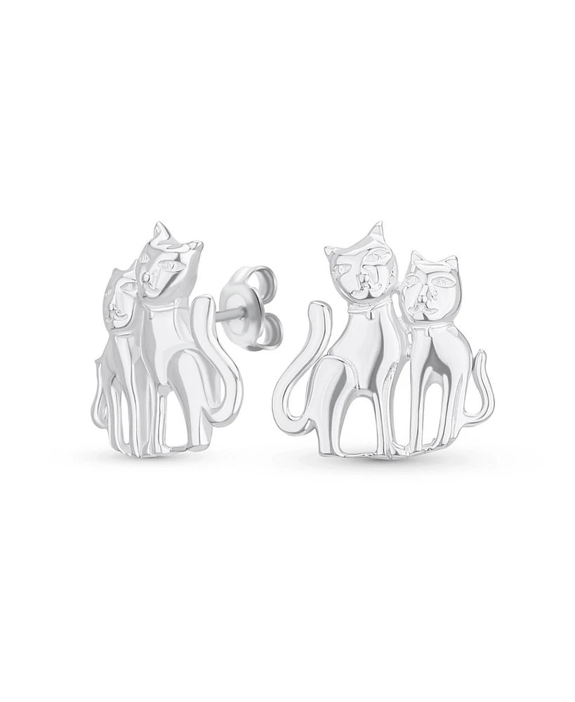 Bling Jewelry Best Friend Animal Lover Bff Pets Two Kitten Kitty Cat Stud Earrings For Women Teen .925 Sterling Silver