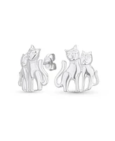 Bling Jewelry Best Friend Animal Lover Bff Pets Two Kitten Kitty Cat Stud Earrings For Women Teen .925 Sterling Silver