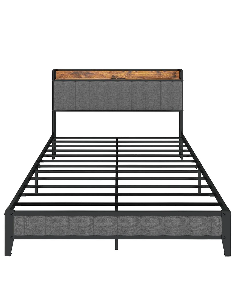 Streamdale Furniture Full Size Bed Frame With Charging Station, Upholstered Headboard, Metal Platform, Grey