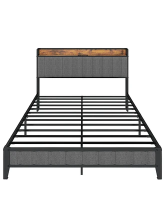 Streamdale Furniture Full Size Bed Frame With Charging Station, Upholstered Headboard, Metal Platform, Grey