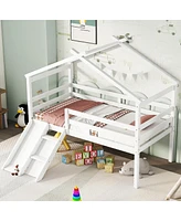 Streamdale Furniture Twin Low Loft House Bed With Slide, Ladder, Safety Guardrails, House Roof Frame, White