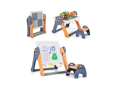 Slickblue 6-In-1 Folding Kids Art Easel with Reversible Building Block Tabletop