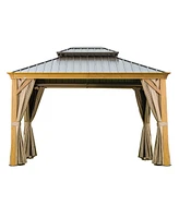 Mondawe 10x12ft Hardtop Gazebo, Wooden Coated Aluminum Frame Canopy with Galvanized Steel Double Roof, Outdoor Permanent Metal Pavilion with Curtains