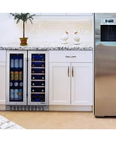 Newair 24 Inch Premium Built-in Dual Zone 20 Bottle and 60 Can French Door Wine and Beverage Fridge in Stainless Steel with SplitShelf and Beech Wood