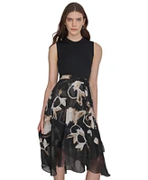 Dkny Women's Mixed-Media Sleeveless Belted Dress