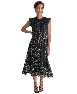 Dkny Women's Printed Ruffled Belted Midi Dress