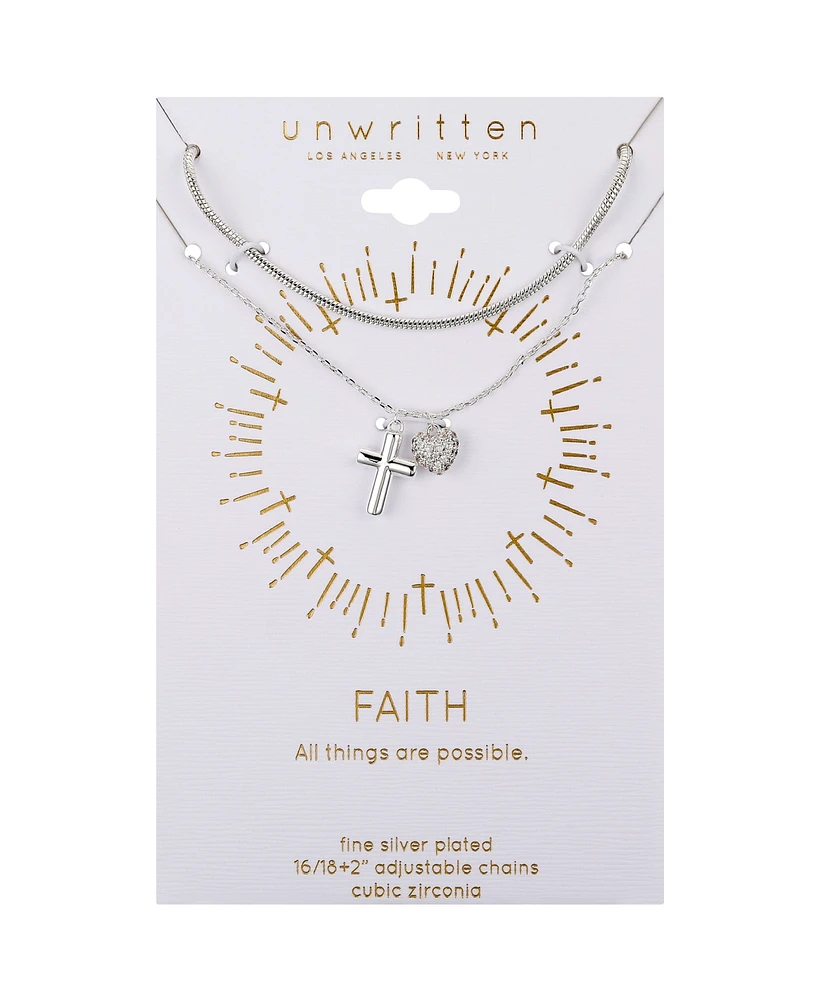Unwritten Cubic Zirconia Puff Cross and Heart Snake Chain Layered Pendant Necklace
