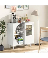 Costway Kitchen Sideboard Wooden Buffet Cabinet with Glass Holder & Tempered Glass Doors
