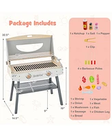 Costway Kids Barbecue Grill Playset, Wooden Kitchen Playset with Clip 4 Bbq Poles