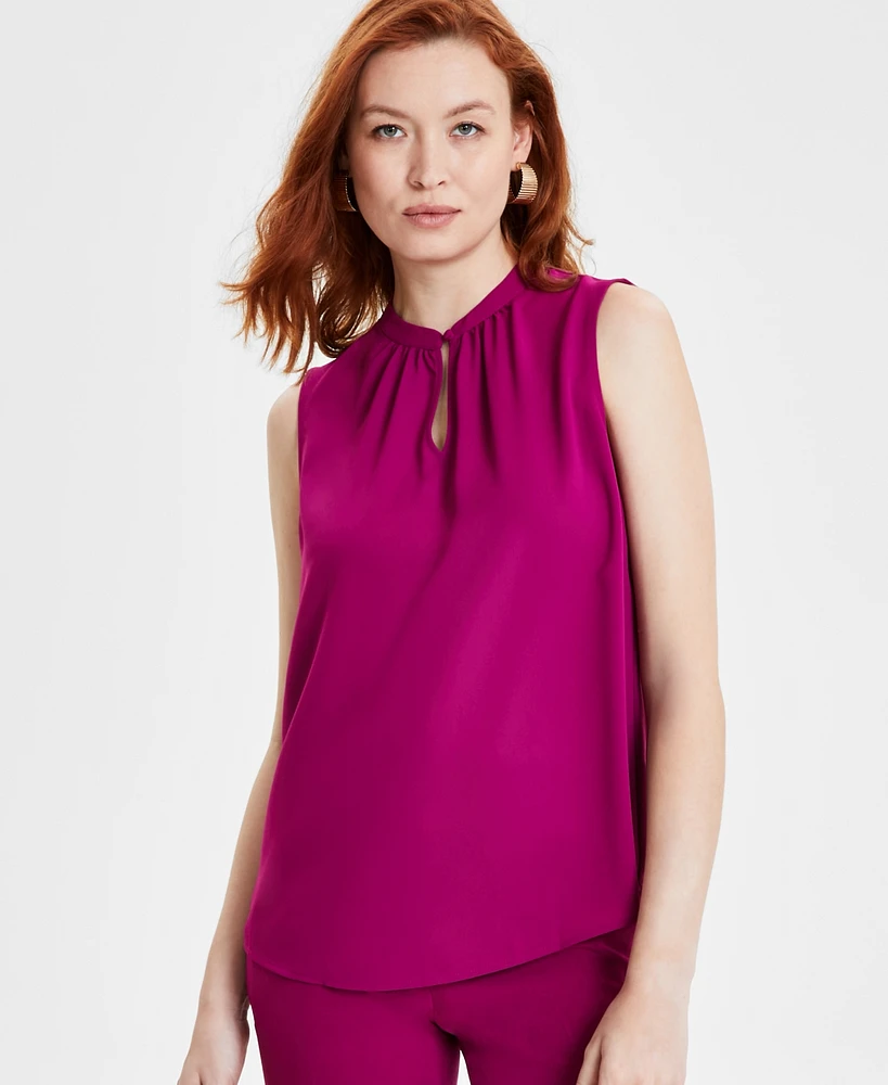 Kasper Petite Solid Jewel-Neck Sleeveless Keyhole Top