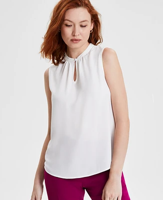 Kasper Petite Solid Jewel-Neck Sleeveless Keyhole Top