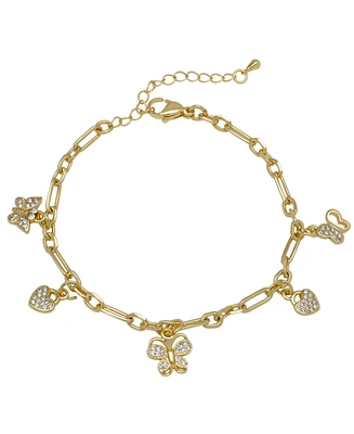 Macy's 14K Gold Plated Cubic Zirconia Butterfly and Hearts Charm Bracelet