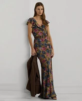 Lauren Ralph Women's Foiled Jacquard Flutter-Sleeve Gown