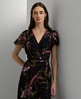 Lauren Ralph Women's Belted Floral Flutter-Sleeve Gown