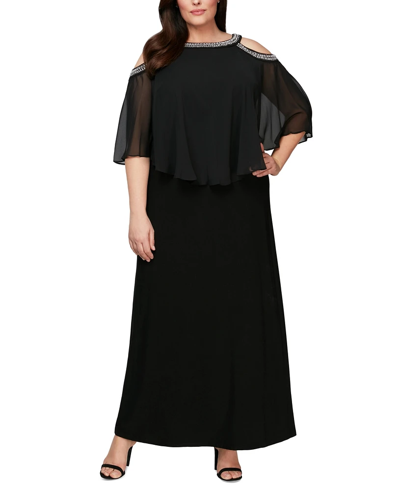 Alex Evenings Plus Size Beaded Cold-Shoulder Overlay Gown