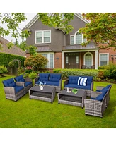 Costway 8 Pcs Patio Rattan Furniture Set Coffee Table Cushioned Sofa Garden Lawn Navy