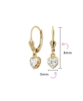 Petite Delicate Romantic Real 14K Yellow Gold Cz Bezel Set Genuine Gemstone Created White Sapphire Heart Dangle Earrings For Women Girlfriend Lever Ba