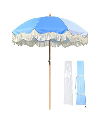 LAGarden 6Ft Fringe Patio Umbrella with Tassels & Carry Bag 50 / 60s Vintage Style Umbrella Wood Blue,Model: PS6-03