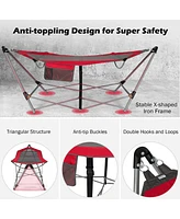 Gymax Folding Hammock Indoor & Outdoor Hammock with Side Pocket & Iron Stand Red