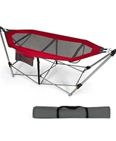 Gymax Folding Hammock Indoor & Outdoor Hammock with Side Pocket & Iron Stand Red