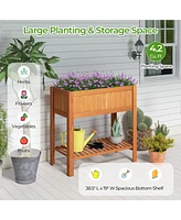 Slickblue Outdoor Raised Garden Bed Fir Wood Planter Box with Bottom Storage Shelf and Protective Liner-Brown