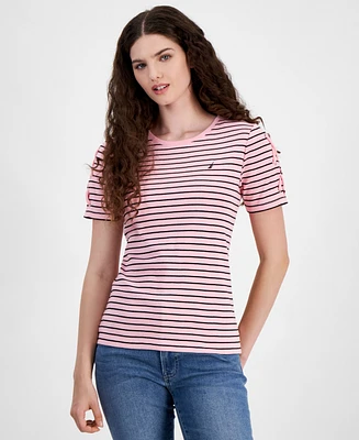 Nautica Jeans Women's Striped Lace-Up Short-Sleeve T-Shirt