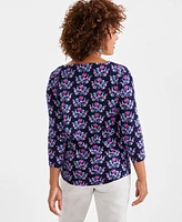 Style & Co Petite Mirrored Bouquet Square-Neck Cotton Top, Created for Macy's