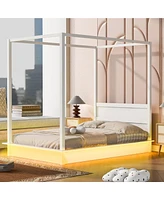 Simplie Fun Full Size Wood Led Canopy Bed, Canopy Platform bed With Support Slats, No Box Spring Needed, White