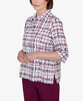 Alfred Dunner Classic Plaid Cuffed Sleeve Button Down Top