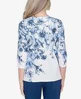 Alfred Dunner Classic Floral Shimmer Three Quarter Sleeve Top