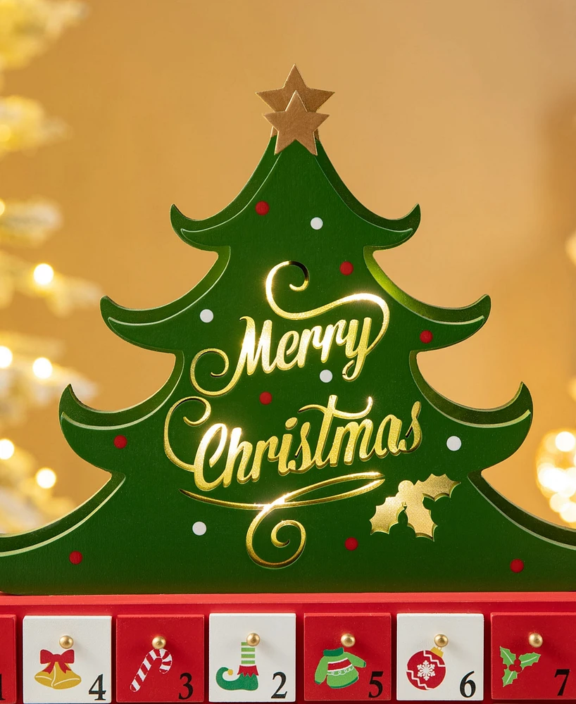 Glitzhome 15.25 H Lighted Wooden Christmas Tree Advent Calendar Decor