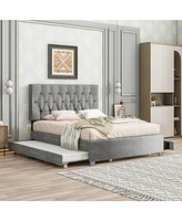 Streamdale Furniture Gray Queen Size Trundle Pull Out Drawers Storage Upholstered Bed Modern Design No Box Spring Required