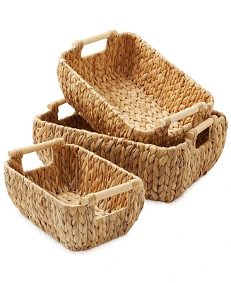 Casafield (Set of 2) Water Hyacinth Oval Storage Baskets with Wooden Handles - Small Woven Bin Organizers Natural