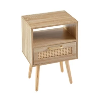 Simplie Fun Rattan End Table With Drawer And Solid Wood Legs, Modern Nightstand, Side Table