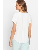 Olsen Women's Short Sleeve Split Neck Mixed Media Top