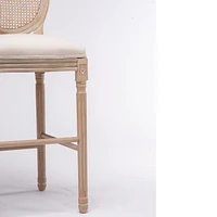 French Country Wooden Bar Stools Rattan Back With Upholstered Seating, Beige And Natural, Set Of 2