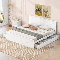 King Size Wooden Platform Bed with Four Storage Drawers and Support Legs, Gray