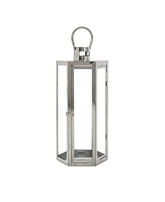 Simplie Fun Modern Hexagonal Stainless Steel Lantern with Tempered Glass